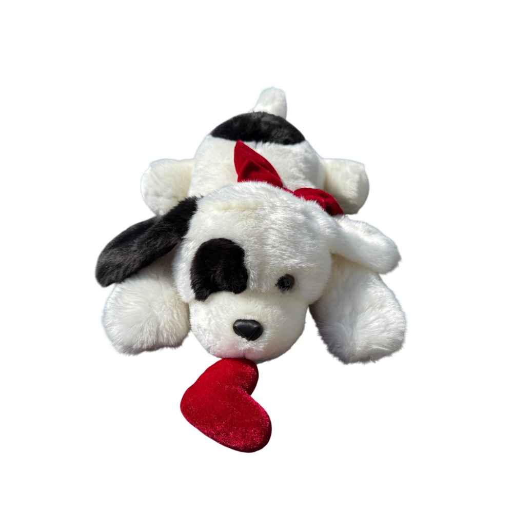 Russ Berrie Dog Plush 21 inches White Black Spotted Laying Valentine Heart Bow